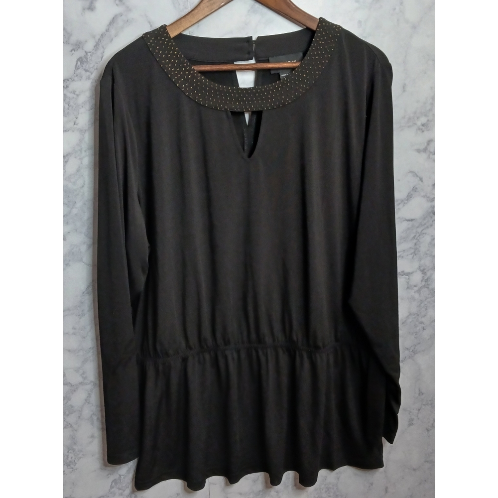 Ashro Blouse Women XL Black Stretch Peplum Long Sleeve Party Special Occasion